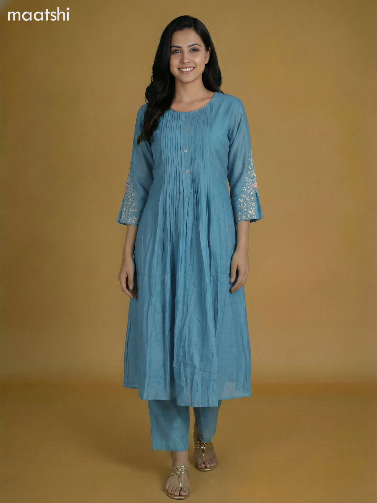 Pastel Blue Mul Chanderi With Beaded Work Anarkali Suit