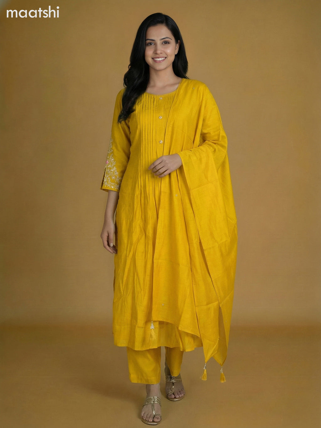 Yellow Mul Chanderi With Beaded Work Anarkali Suit
