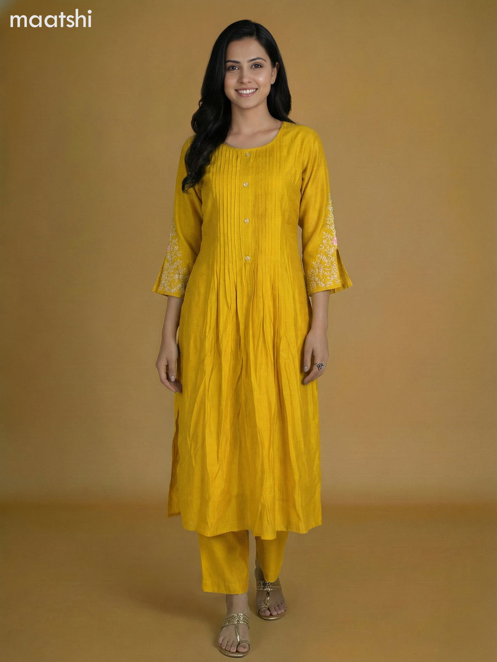 Yellow Mul Chanderi With Beaded Work Anarkali Suit