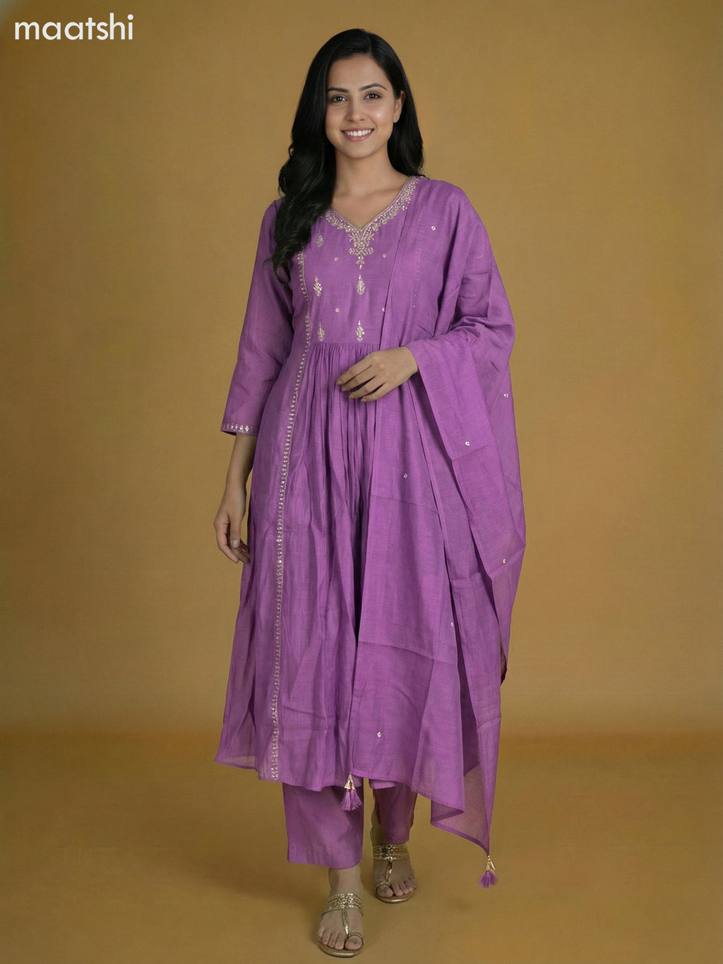 Lavender Mul Chanderi With Beaded Work Anarkali Suit