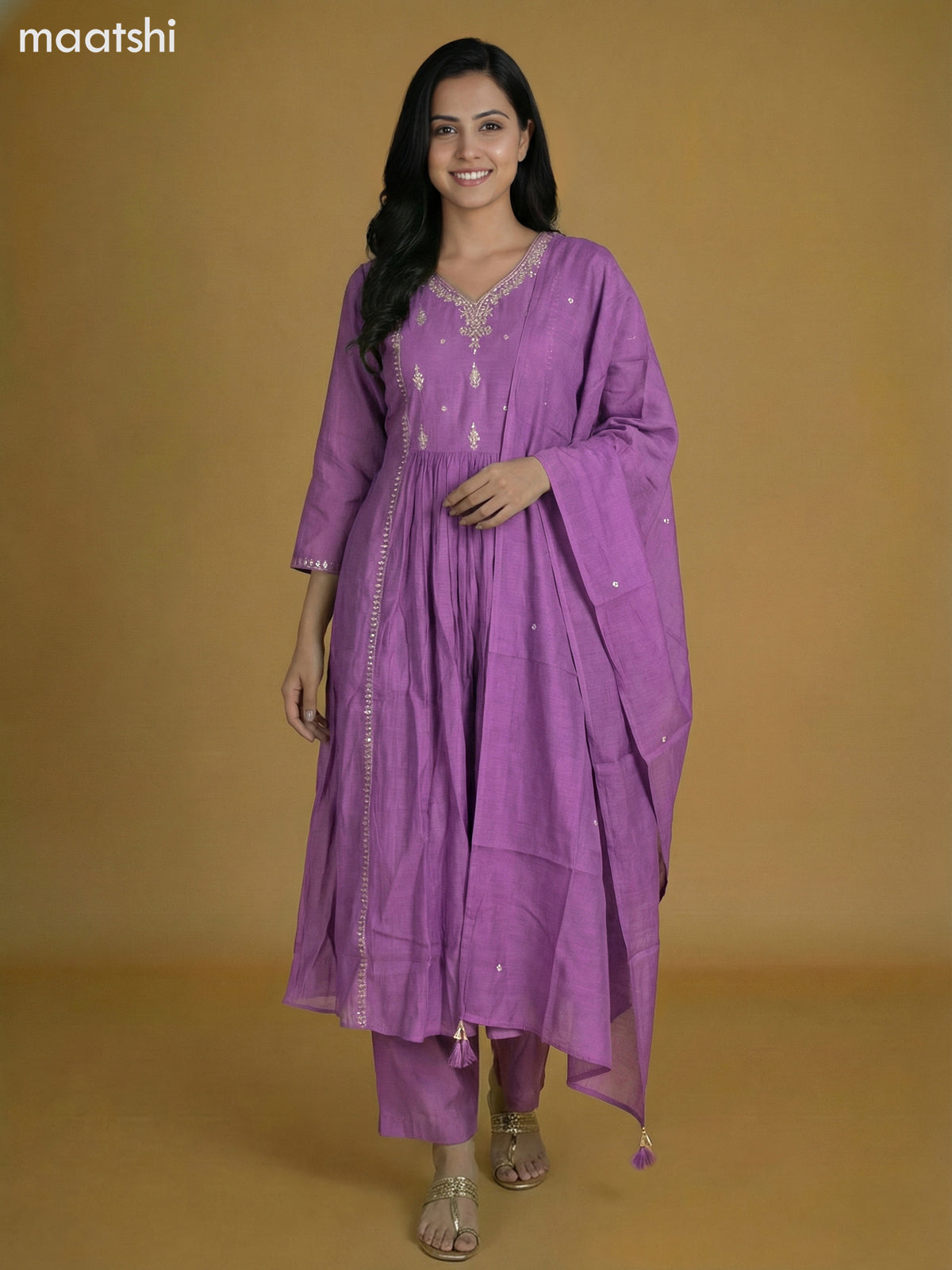 Lavender Mul Chanderi With Beaded Work Anarkali Suit