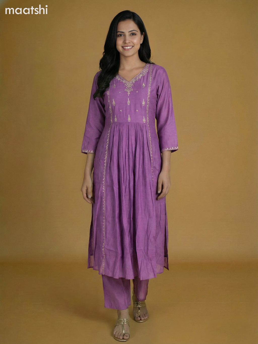 Lavender Mul Chanderi With Beaded Work Anarkali Suit