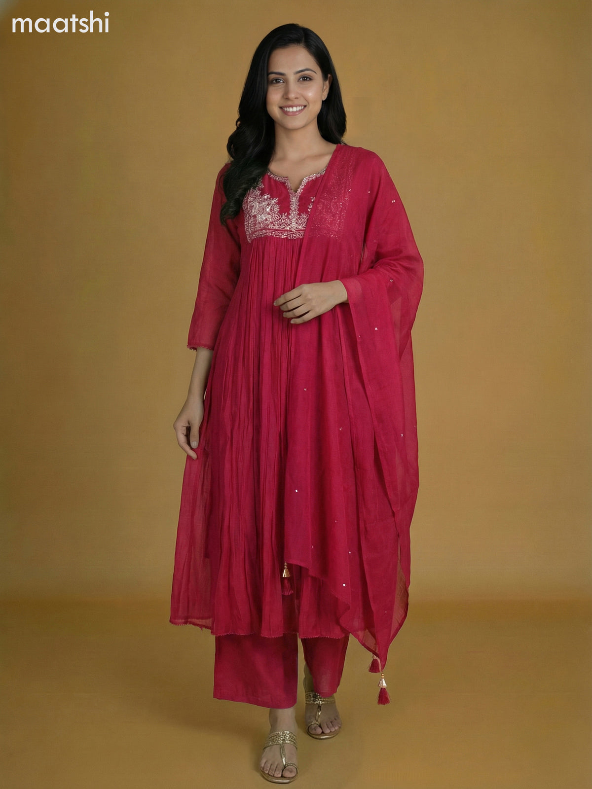 Pink Mul Chanderi With Beaded Work Anarkali Suit