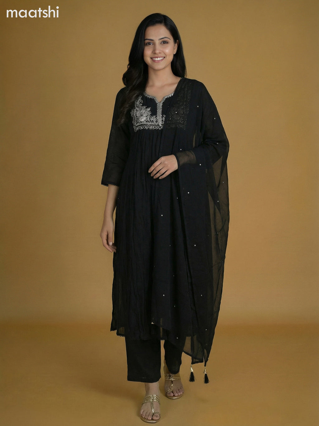 Black Mul Chanderi With Beaded Work Anarkali Suit