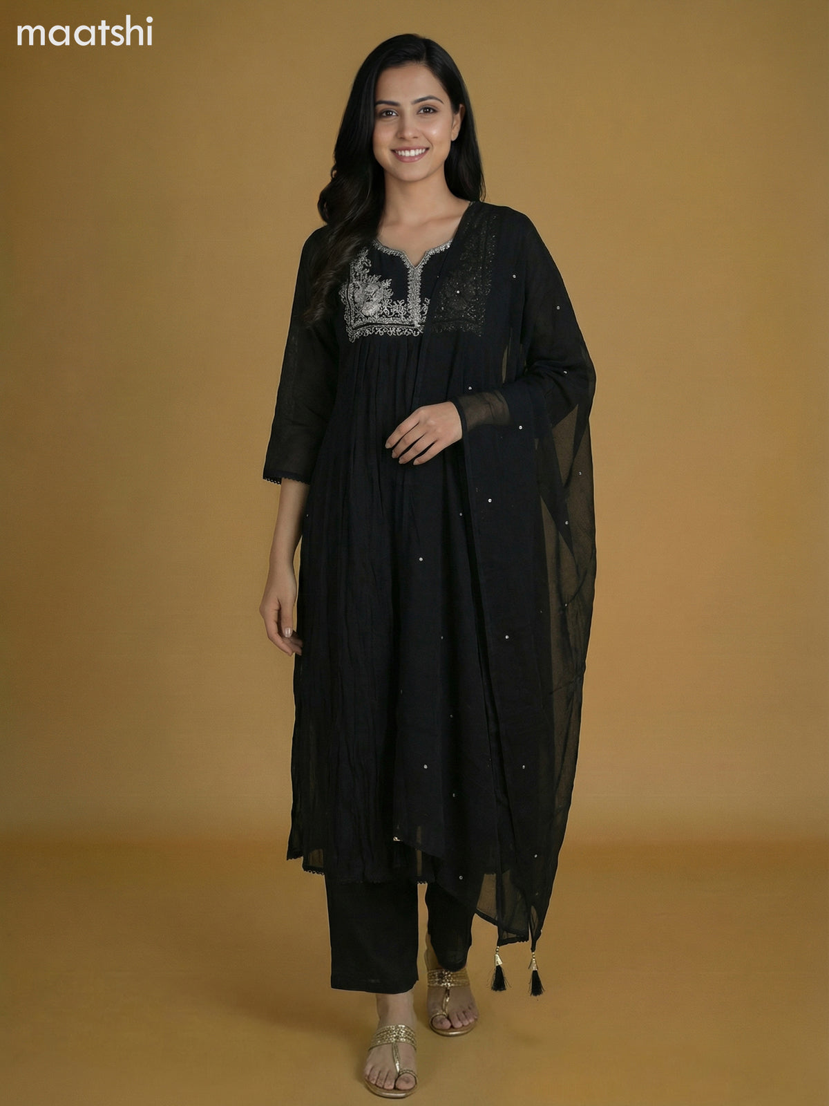 Black Mul Chanderi With Beaded Work Anarkali Suit