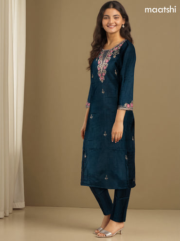 Festive wear salwar suit peacock green with zardosi work neck pattern and straight cut pant & banarasi dupatta