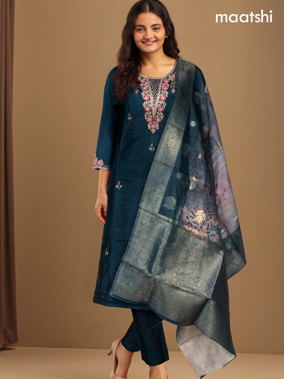 Festive wear salwar suit peacock green with zardosi work neck pattern and straight cut pant & banarasi dupatta