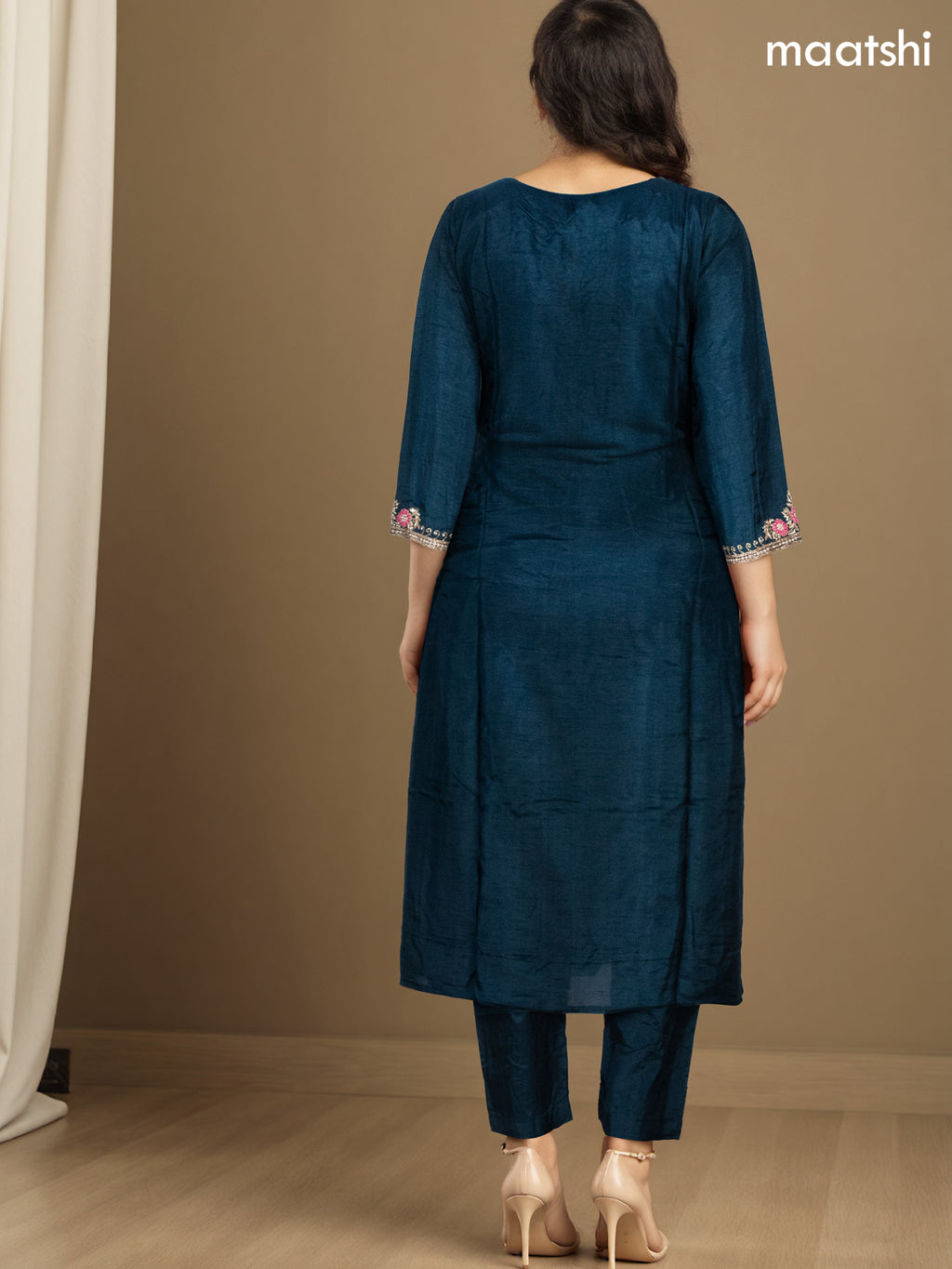 Festive wear salwar suit peacock green with zardosi work neck pattern and straight cut pant & banarasi dupatta