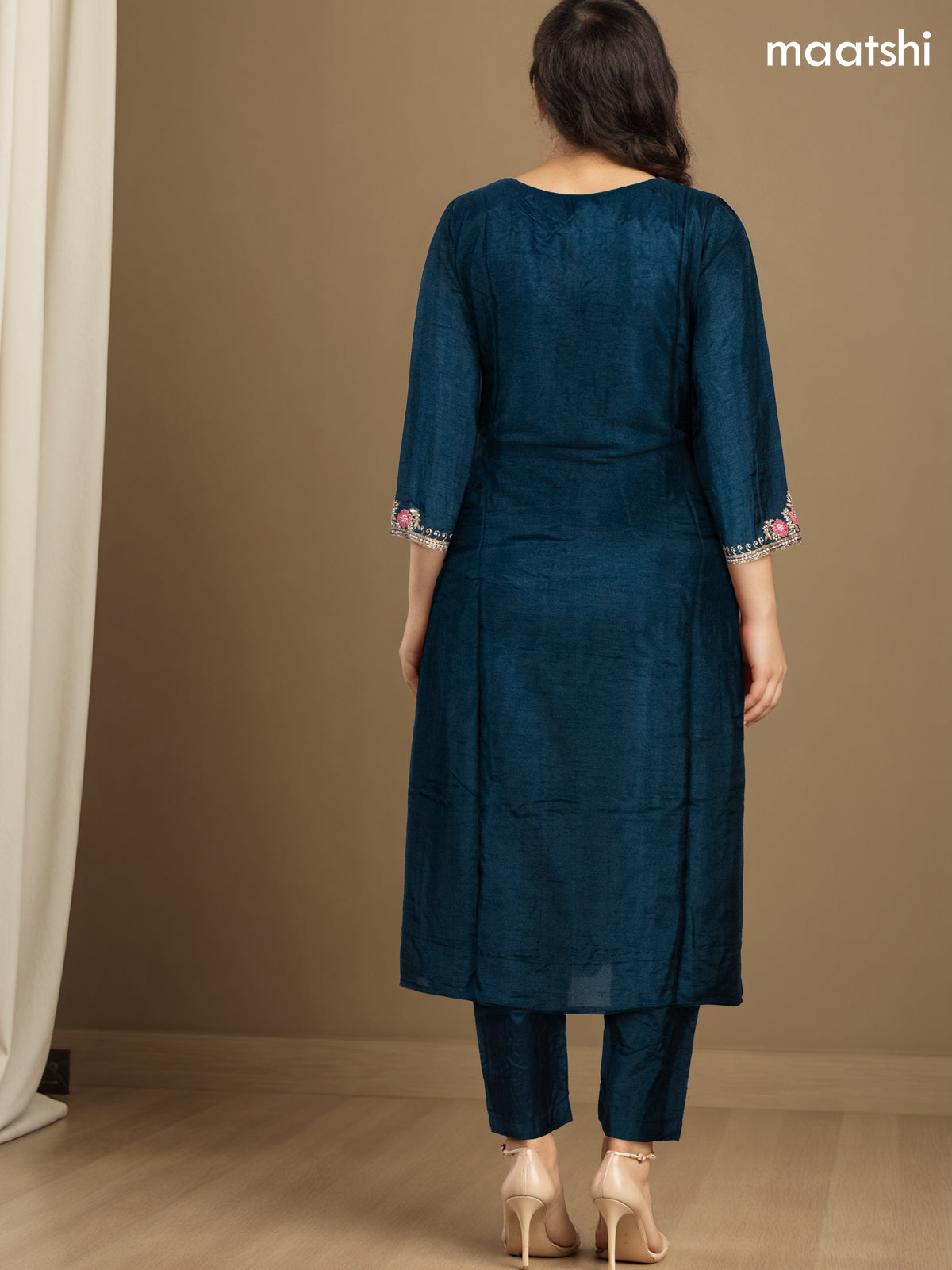 Festive wear salwar suit peacock green with zardosi work neck pattern and straight cut pant & banarasi dupatta