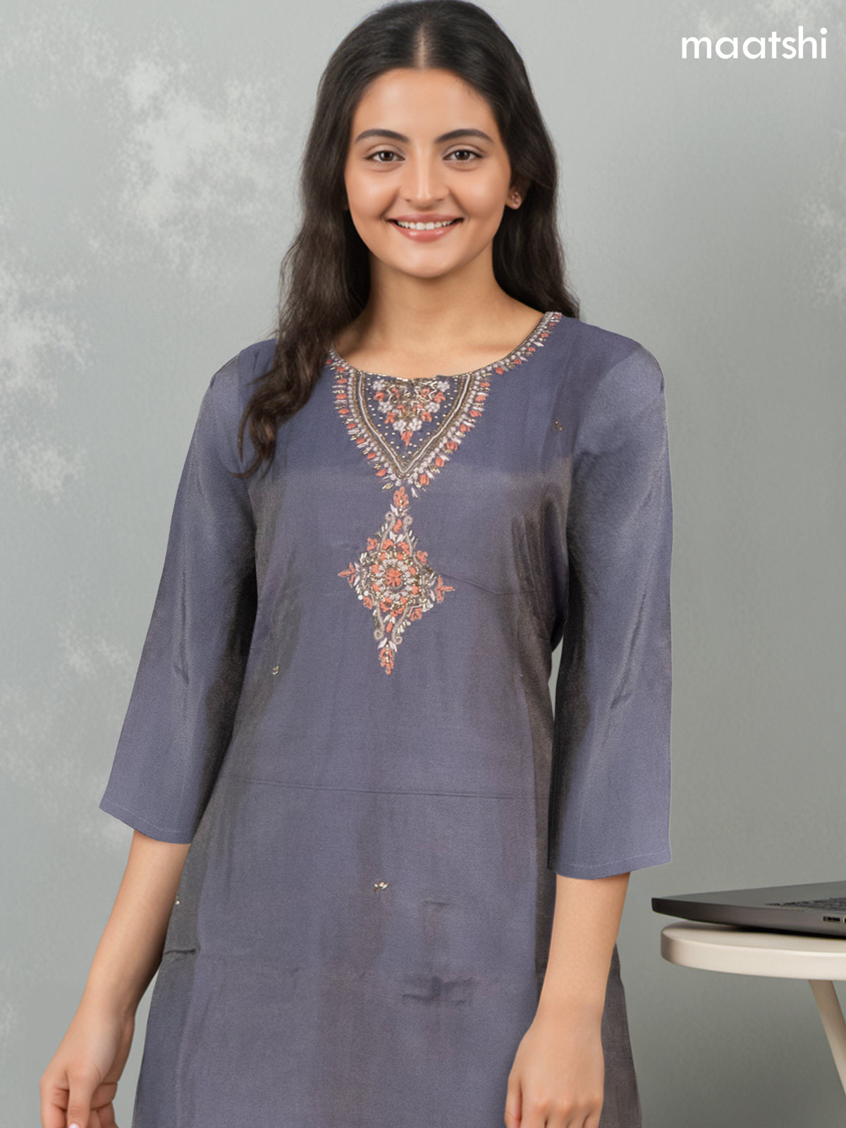 Festive wear salwar suit dark grey with zardosi work neck pattern and straight cut pant & organza dupatta