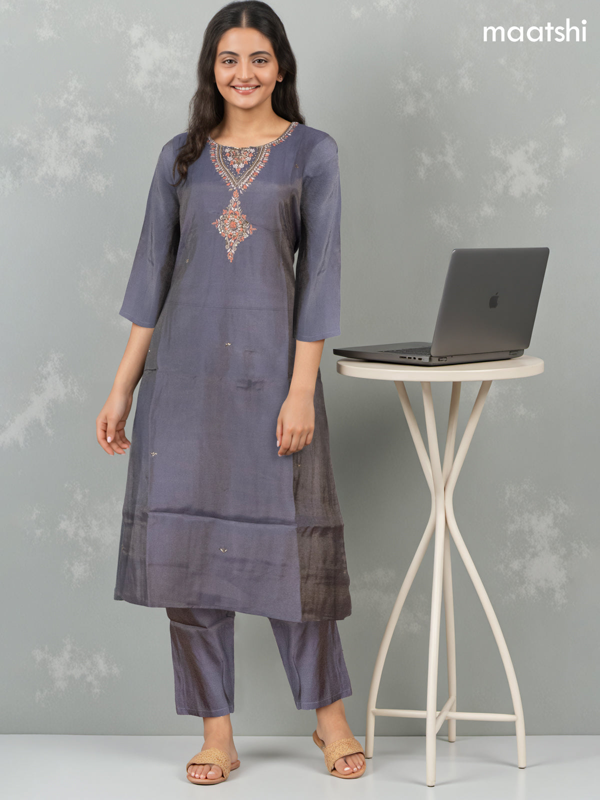 Festive wear salwar suit dark grey with zardosi work neck pattern and straight cut pant & organza dupatta