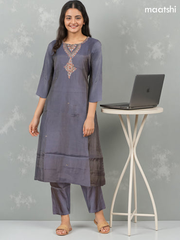 Festive wear salwar suit dark grey with zardosi work neck pattern and straight cut pant & organza dupatta