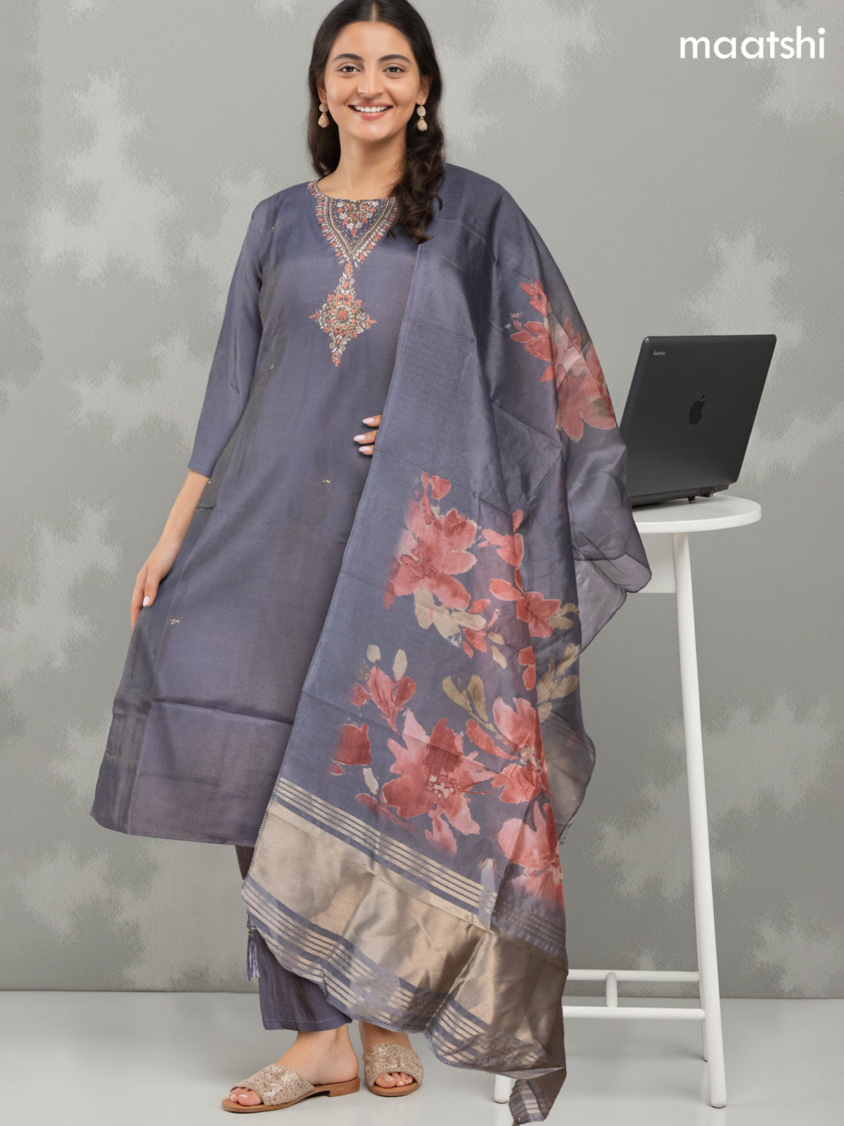 Festive wear salwar suit dark grey with zardosi work neck pattern and straight cut pant & organza dupatta