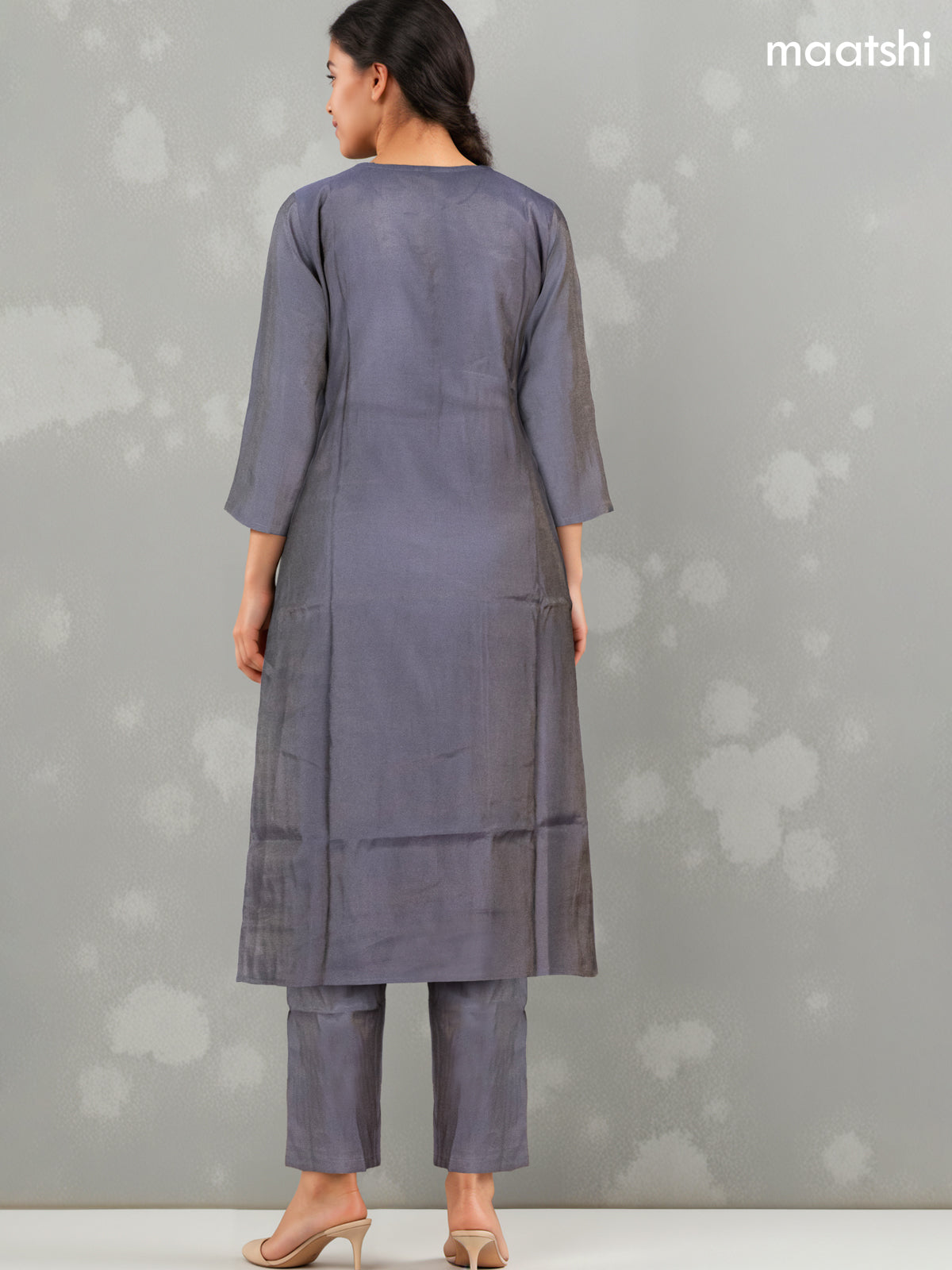 Festive wear salwar suit dark grey with zardosi work neck pattern and straight cut pant & organza dupatta