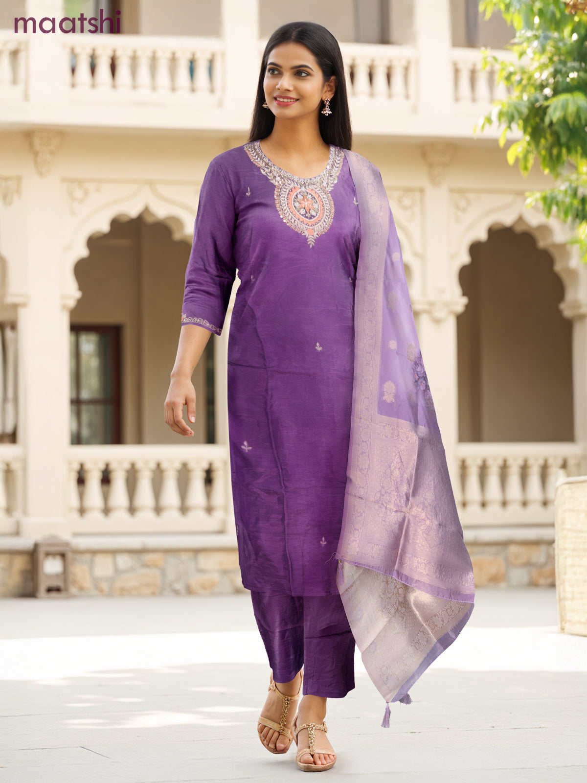 Party wear salwar suit pastel purple with zardosi work neck pattern and straight cut pant & banarasi dupatta