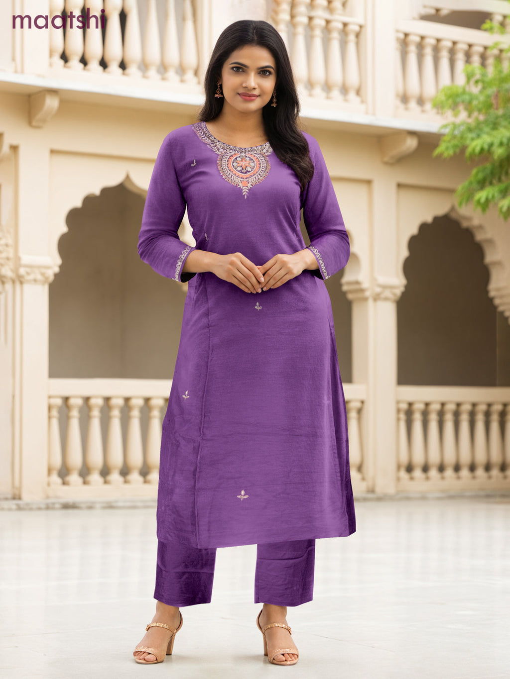 Party wear salwar suit pastel purple with zardosi work neck pattern and straight cut pant & banarasi dupatta