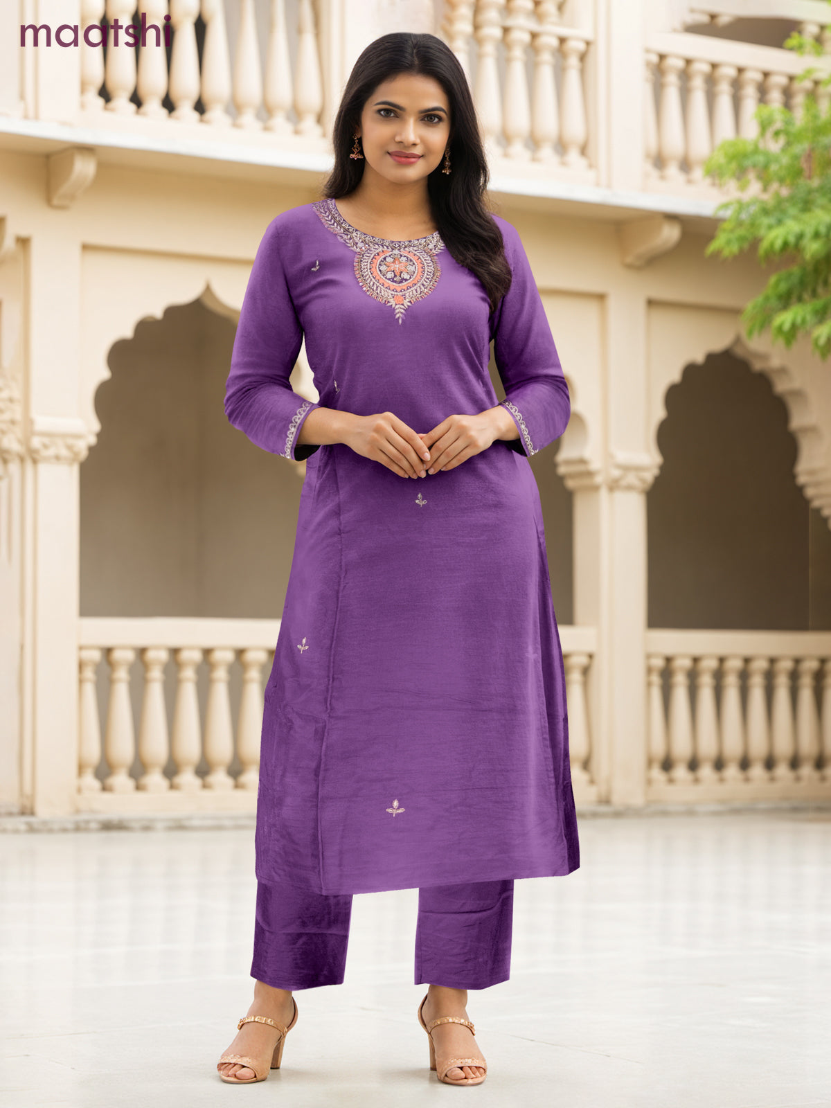 Party wear salwar suit pastel purple with zardosi work neck pattern and straight cut pant & banarasi dupatta