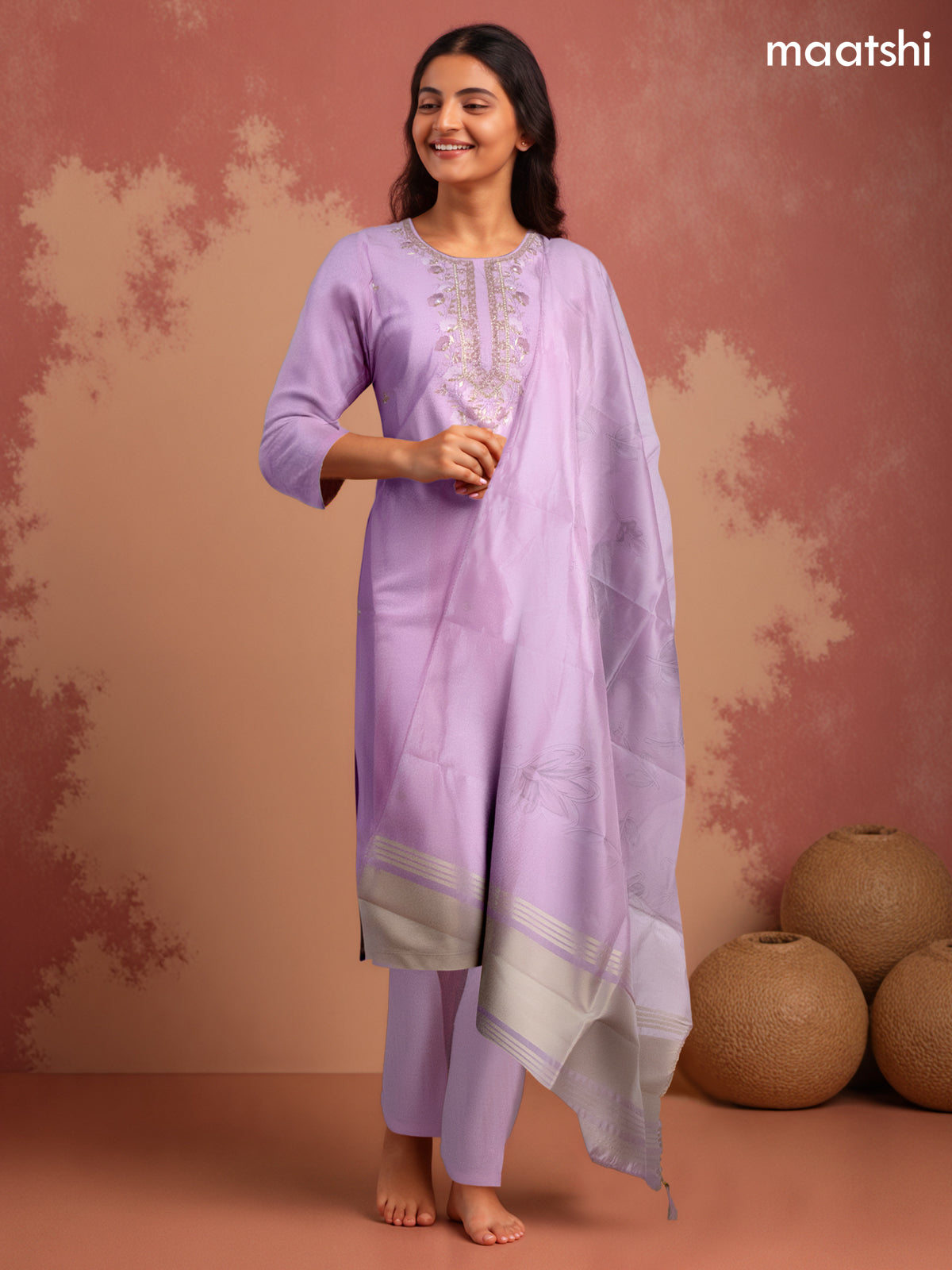 Festive wear salwar suit lotus pink with zardosi work neck pattern and straight cut pant & organza dupatta
