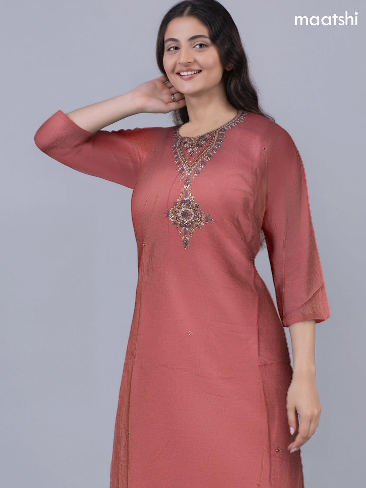 Festive wear salwar suit dark peach with zardosi work neck pattern and straight cut pant & organza dupatta