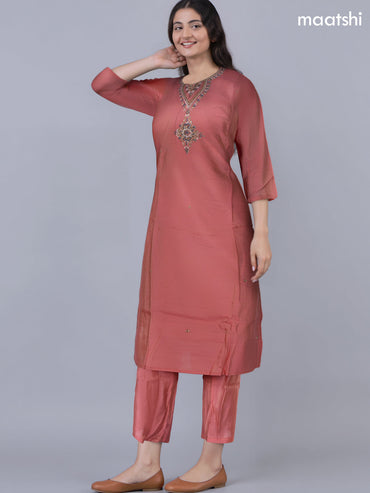 Festive wear salwar suit dark peach with zardosi work neck pattern and straight cut pant & organza dupatta
