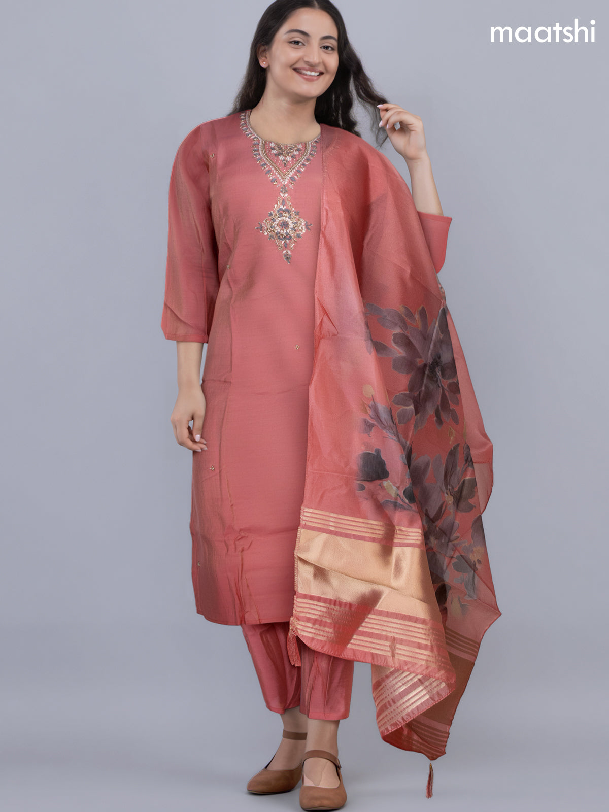 Festive wear salwar suit dark peach with zardosi work neck pattern and straight cut pant & organza dupatta