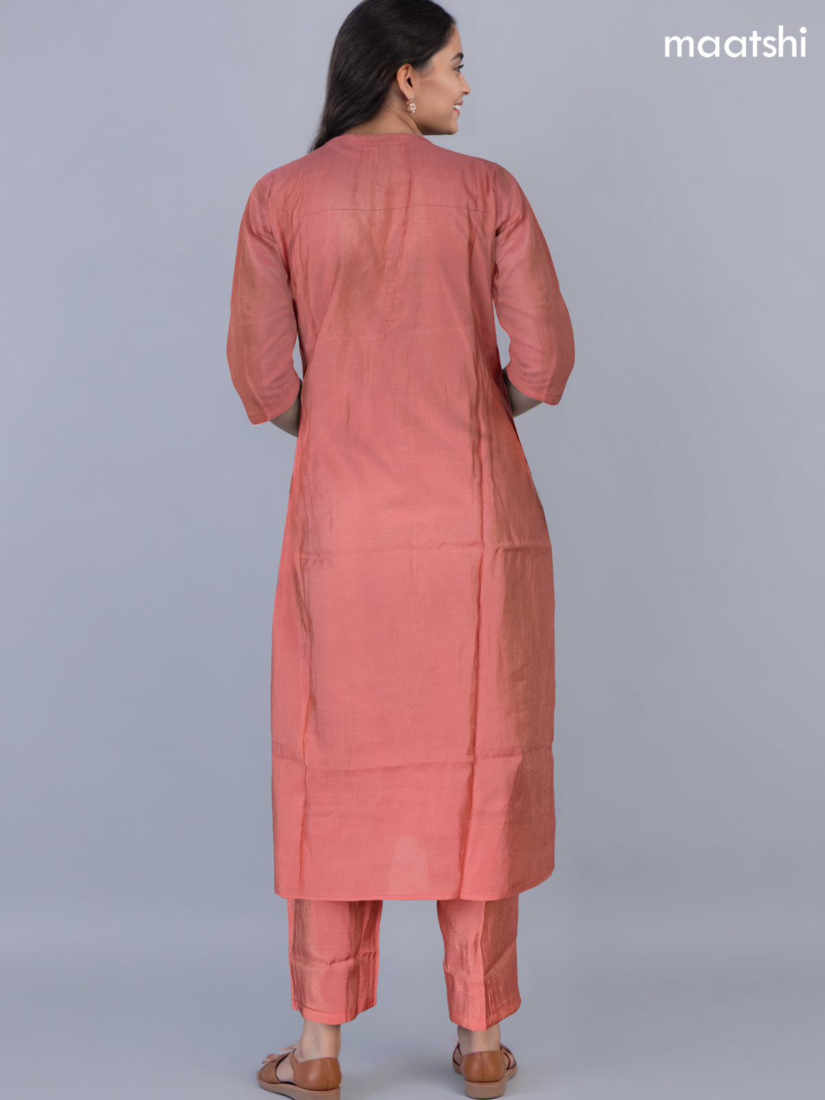 Festive wear salwar suit dark peach with zardosi work neck pattern and straight cut pant & organza dupatta