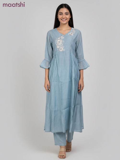 Anarkali salwar suit pastel blue with beaded sequin work v neck pattern and straight cut pant & dupatta