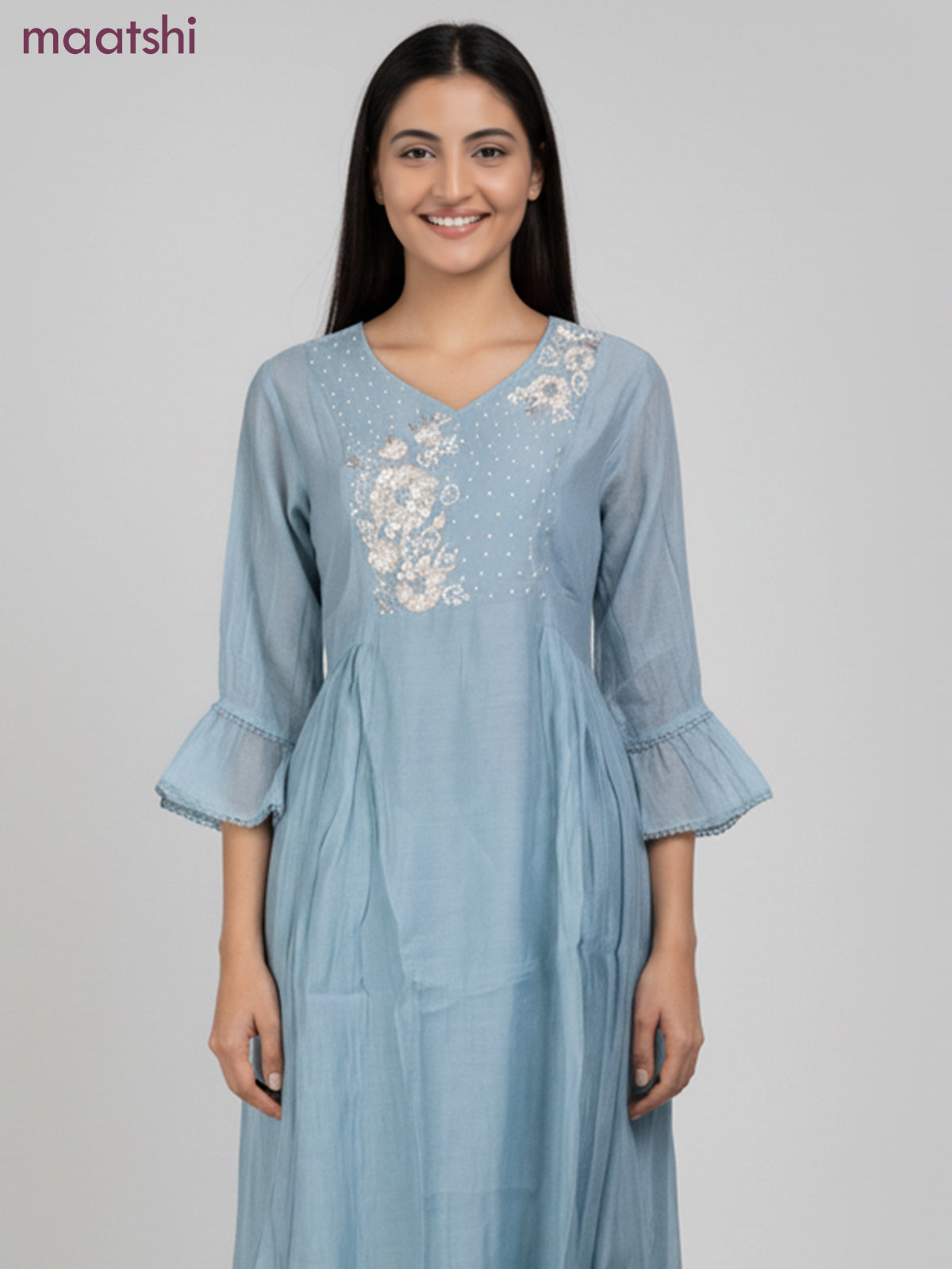 Anarkali salwar suit pastel blue with beaded sequin work v neck pattern and straight cut pant & dupatta