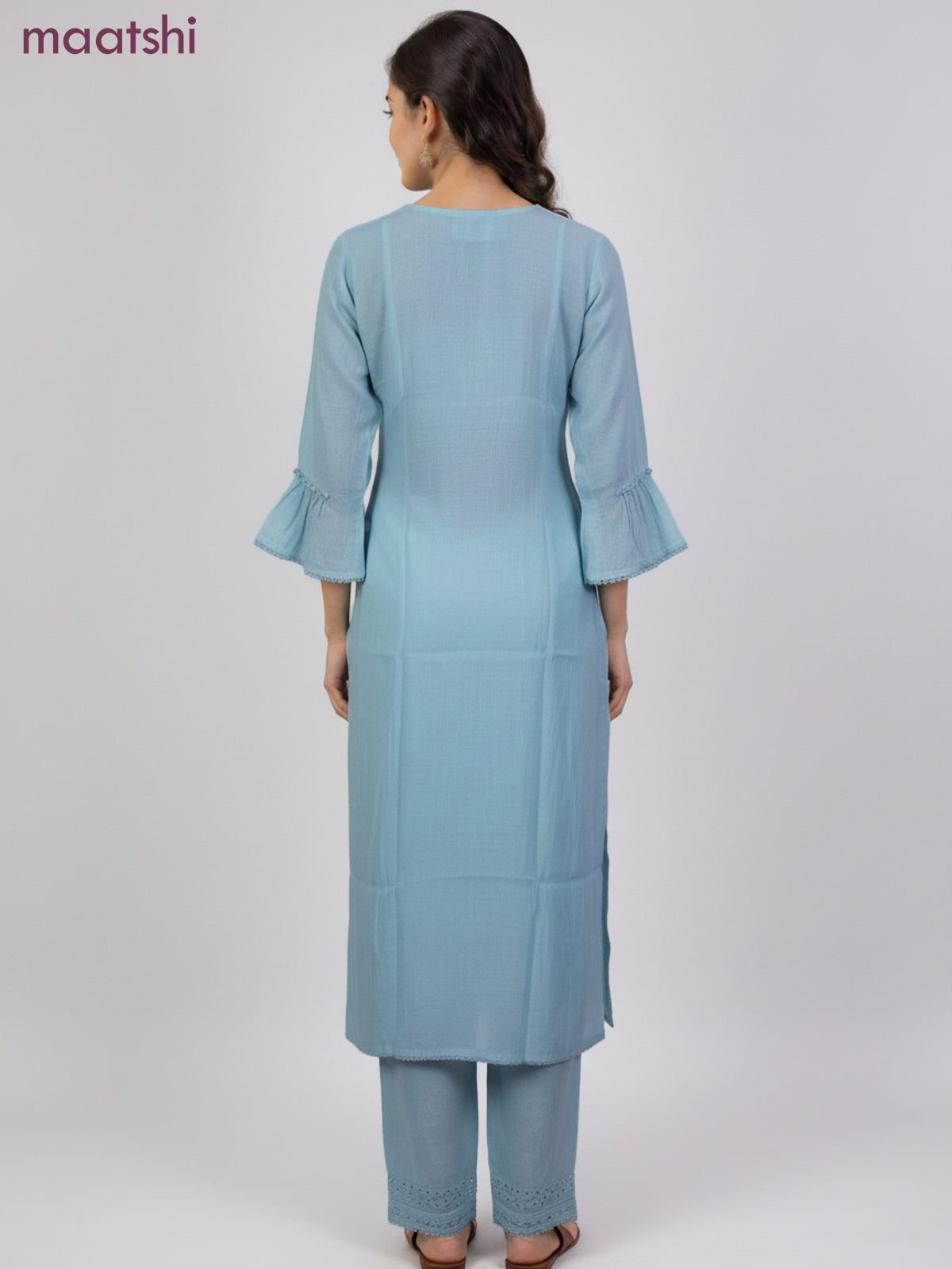 Anarkali salwar suit pastel blue with beaded sequin work v neck pattern and straight cut pant & dupatta
