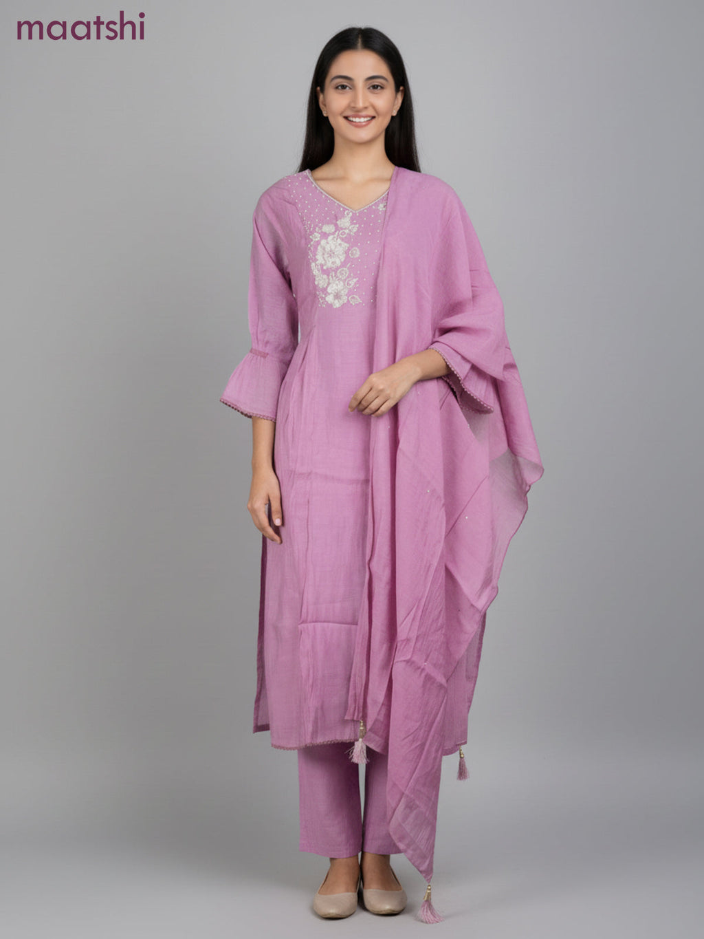 Anarkali salwar suit mauve pink with beaded sequin work v neck pattern and straight cut pant & dupatta