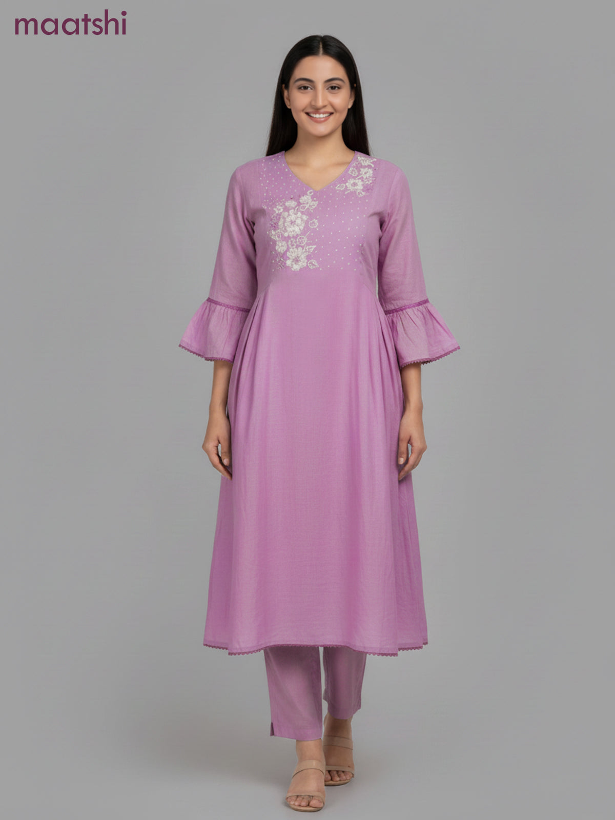 Anarkali salwar suit mauve pink with beaded sequin work v neck pattern and straight cut pant & dupatta