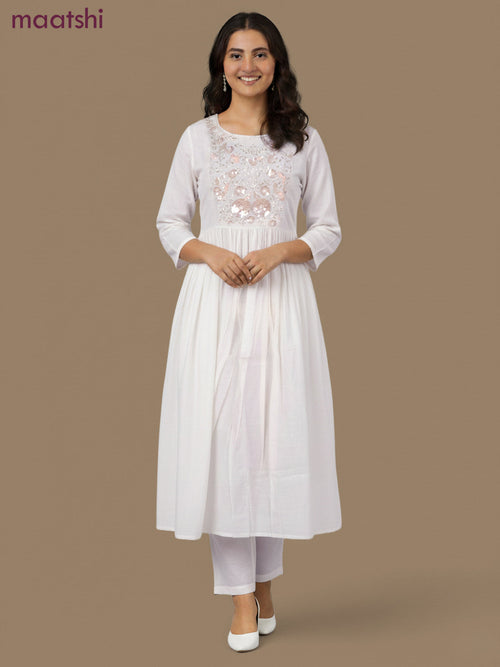 Anarkali salwar suit off white with beaded sequin work neck pattern and straight cut pant & dupatta