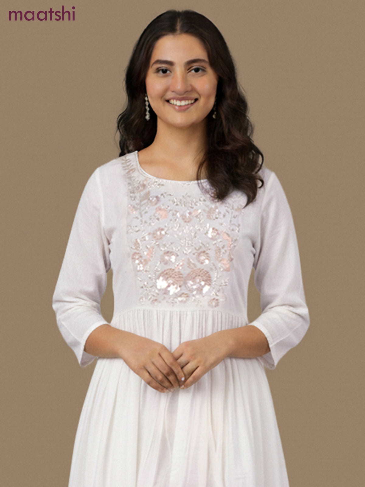 Anarkali salwar suit off white with beaded sequin work neck pattern and straight cut pant & dupatta