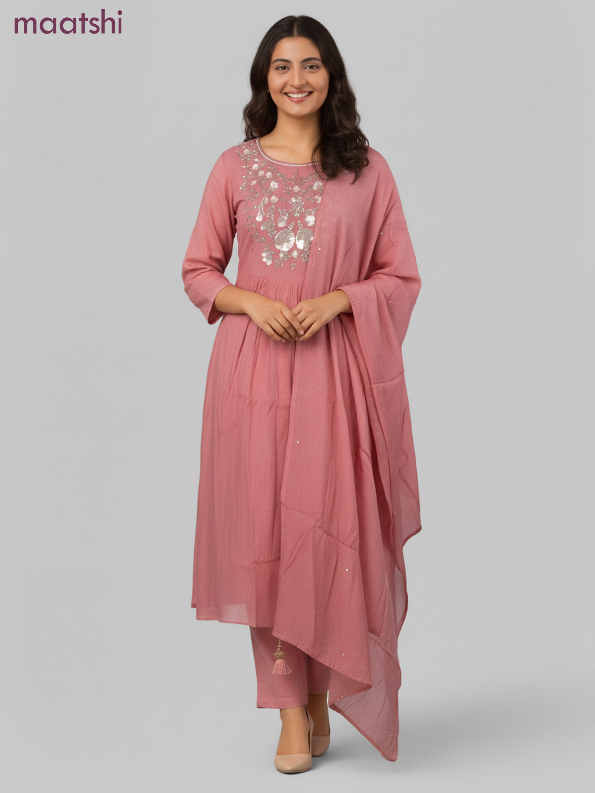 Anarkali salwar suit peach shade with beaded sequin work neck pattern and straight cut pant & dupatta