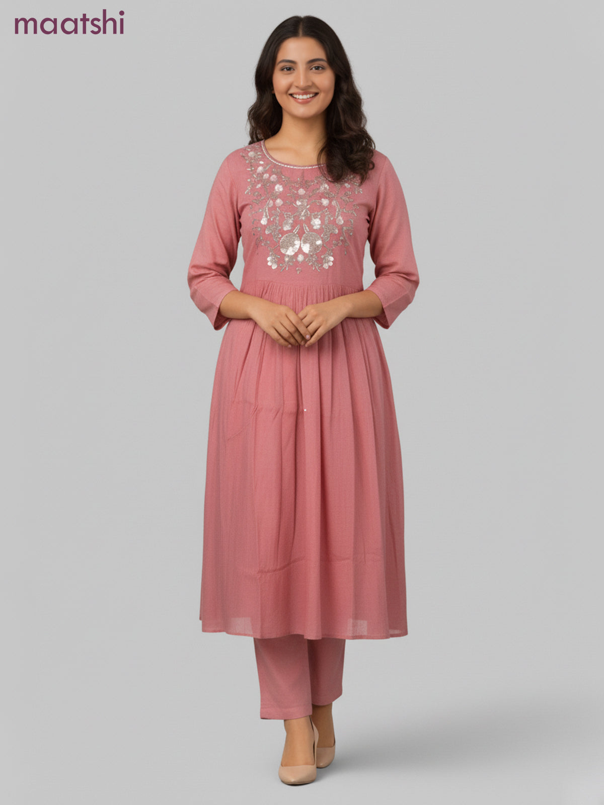 Anarkali salwar suit peach shade with beaded sequin work neck pattern and straight cut pant & dupatta