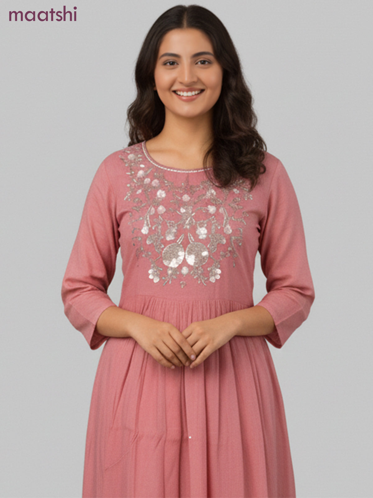 Anarkali salwar suit peach shade with beaded sequin work neck pattern and straight cut pant & dupatta