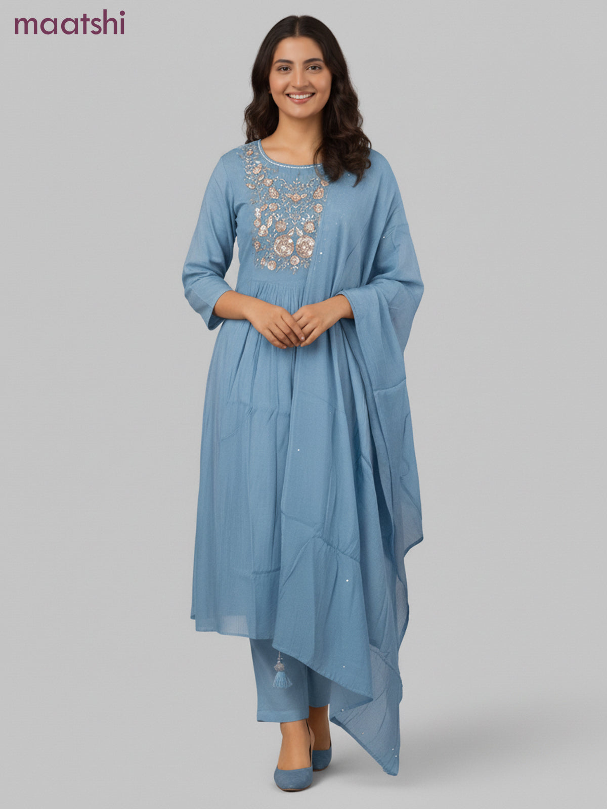 Anarkali salwar suit blue with beaded sequin work neck pattern and straight cut pant & dupatta