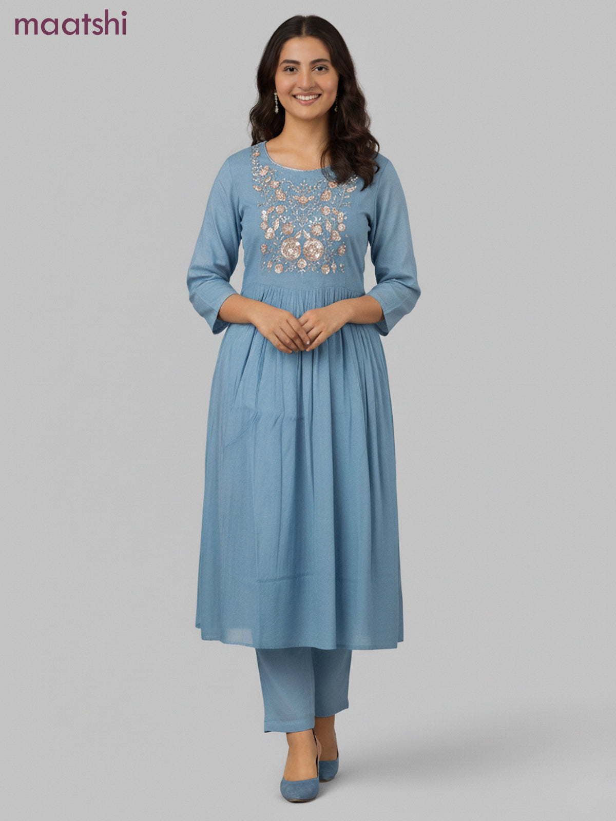 Anarkali salwar suit blue with beaded sequin work neck pattern and straight cut pant & dupatta
