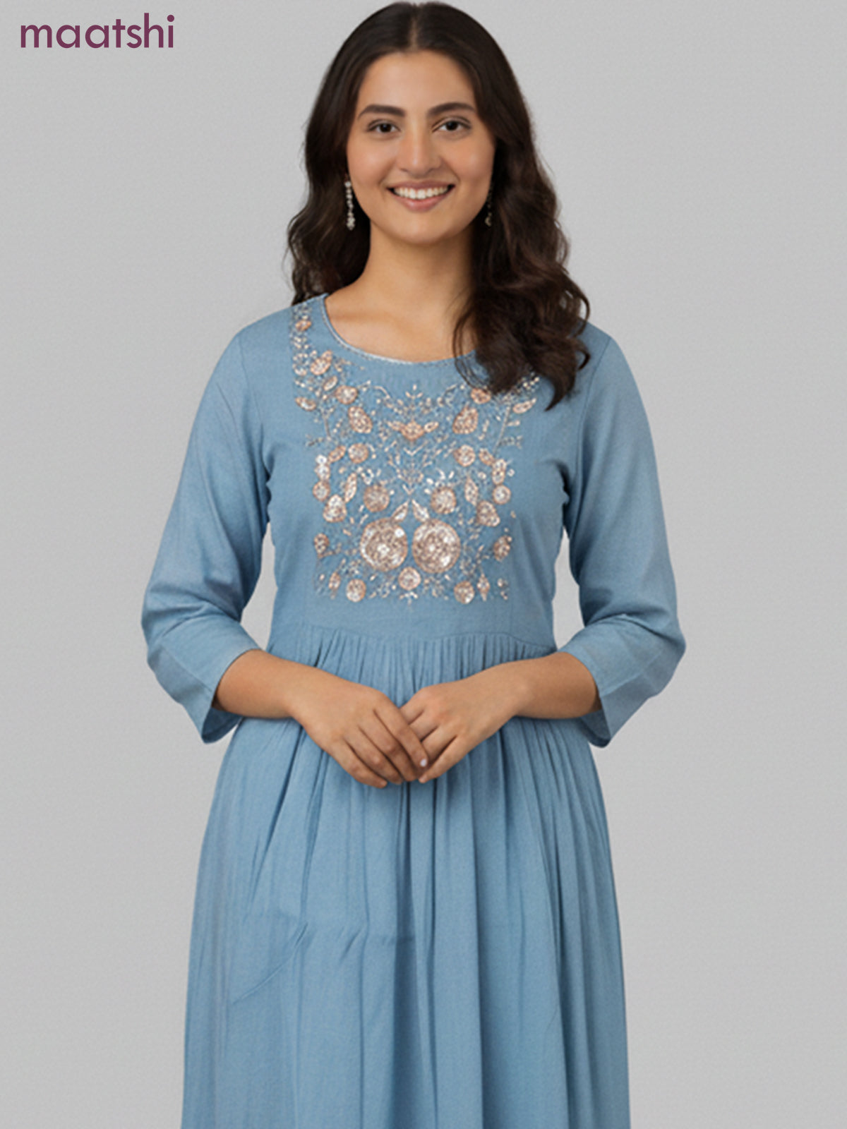 Anarkali salwar suit blue with beaded sequin work neck pattern and straight cut pant & dupatta