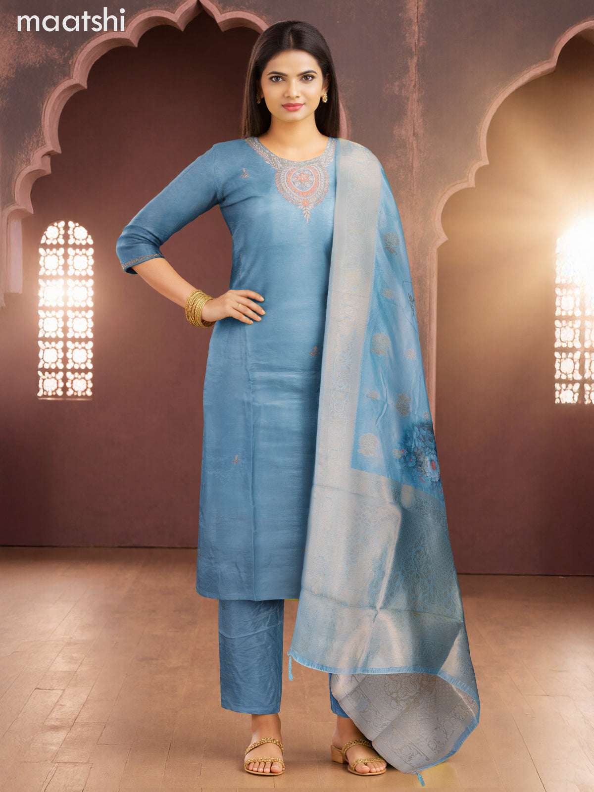 Party wear salwar suit pastel blue with zardosi work neck pattern and straight cut pant & banarasi dupatta