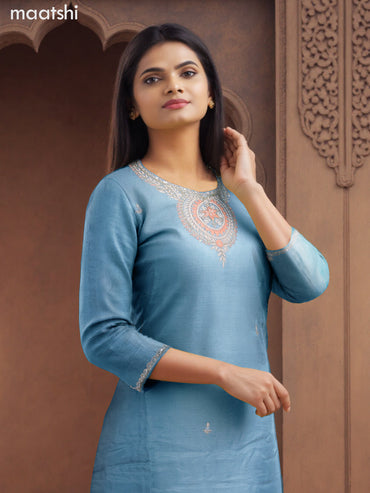 Party wear salwar suit pastel blue with zardosi work neck pattern and straight cut pant & banarasi dupatta
