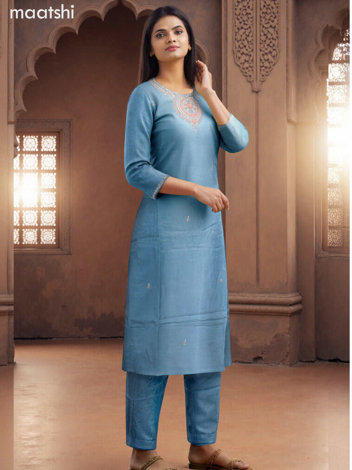 Party wear salwar suit pastel blue with zardosi work neck pattern and straight cut pant & banarasi dupatta