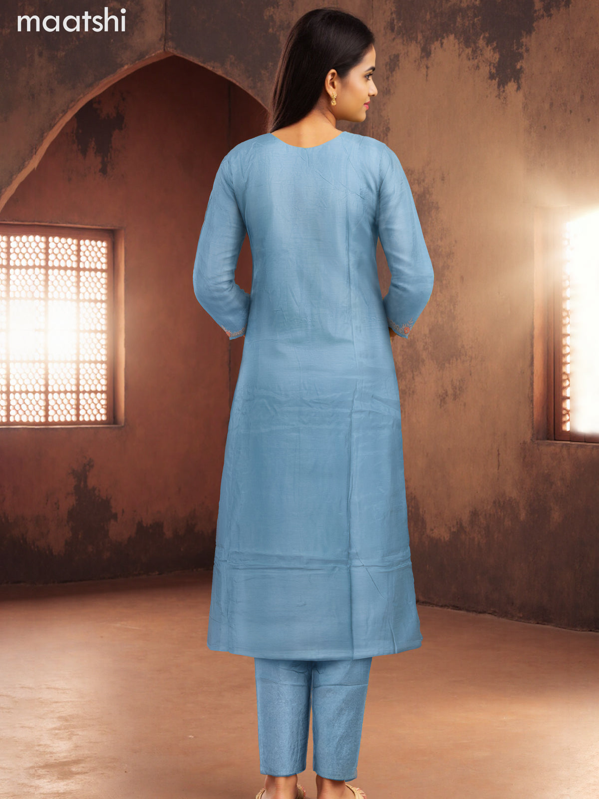Party wear salwar suit pastel blue with zardosi work neck pattern and straight cut pant & banarasi dupatta