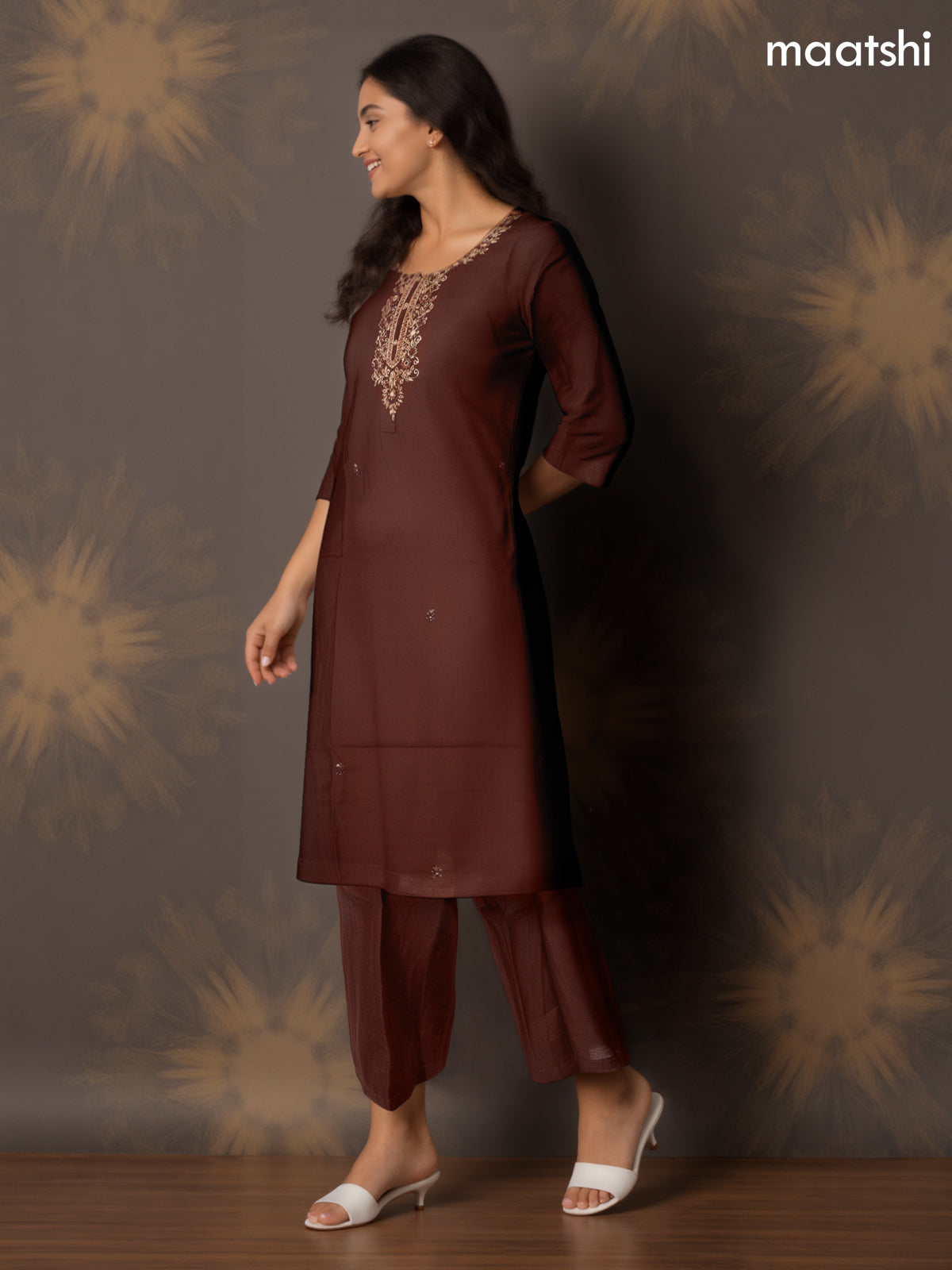 Festive wear salwar suit brown with zardosi work neck pattern and straight cut pant & organza dupatta