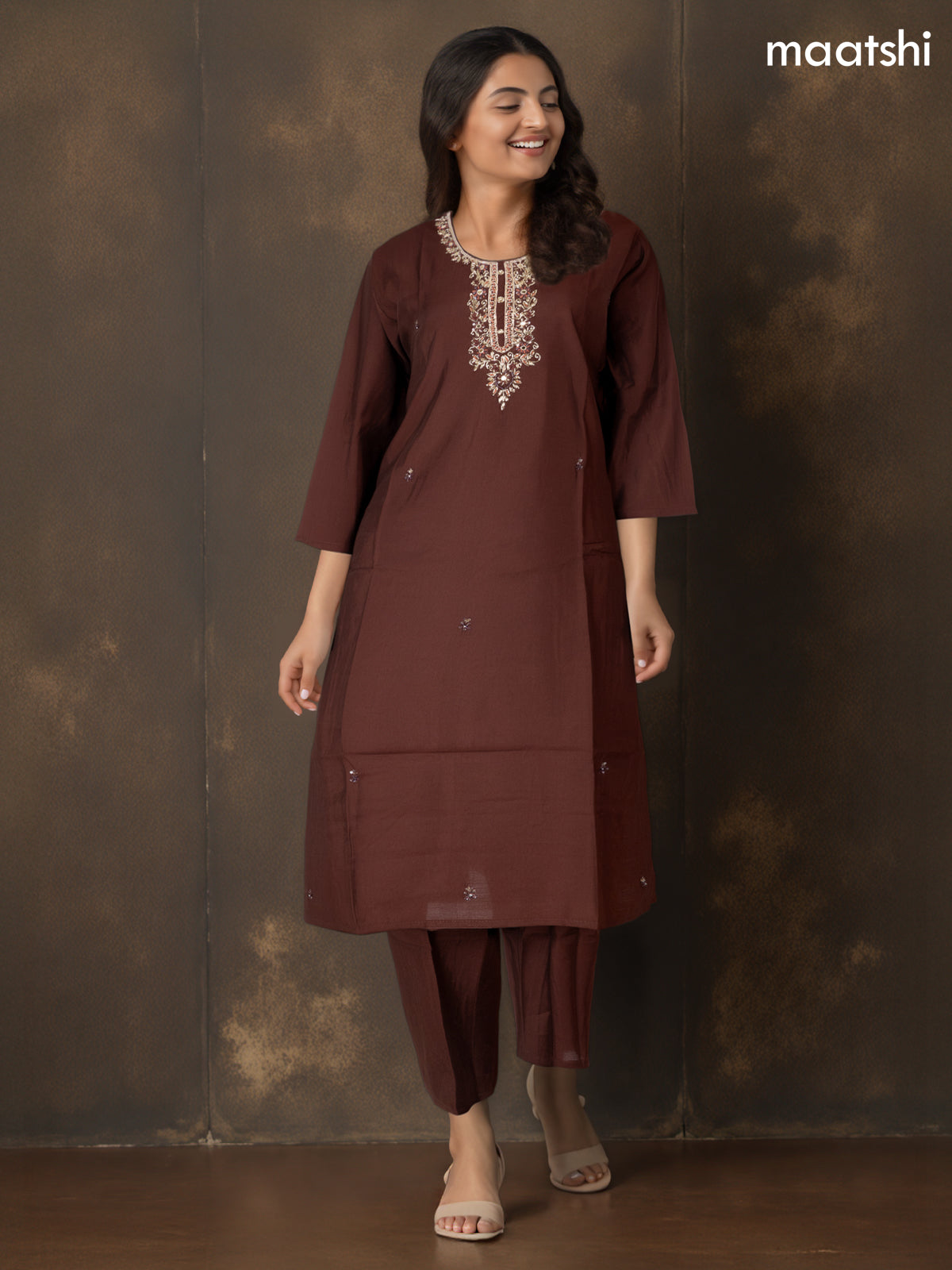 Festive wear salwar suit brown with zardosi work neck pattern and straight cut pant & organza dupatta