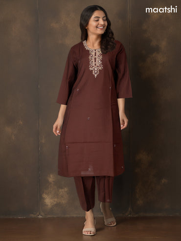 Festive wear salwar suit brown with zardosi work neck pattern and straight cut pant & organza dupatta
