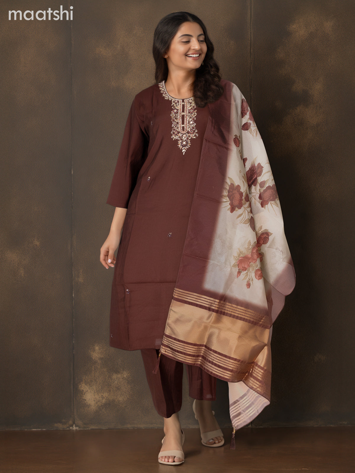 Festive wear salwar suit brown with zardosi work neck pattern and straight cut pant & organza dupatta