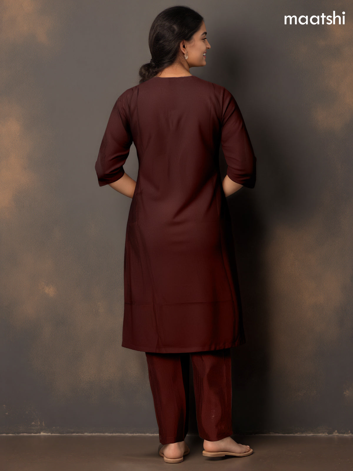 Festive wear salwar suit brown with zardosi work neck pattern and straight cut pant & organza dupatta