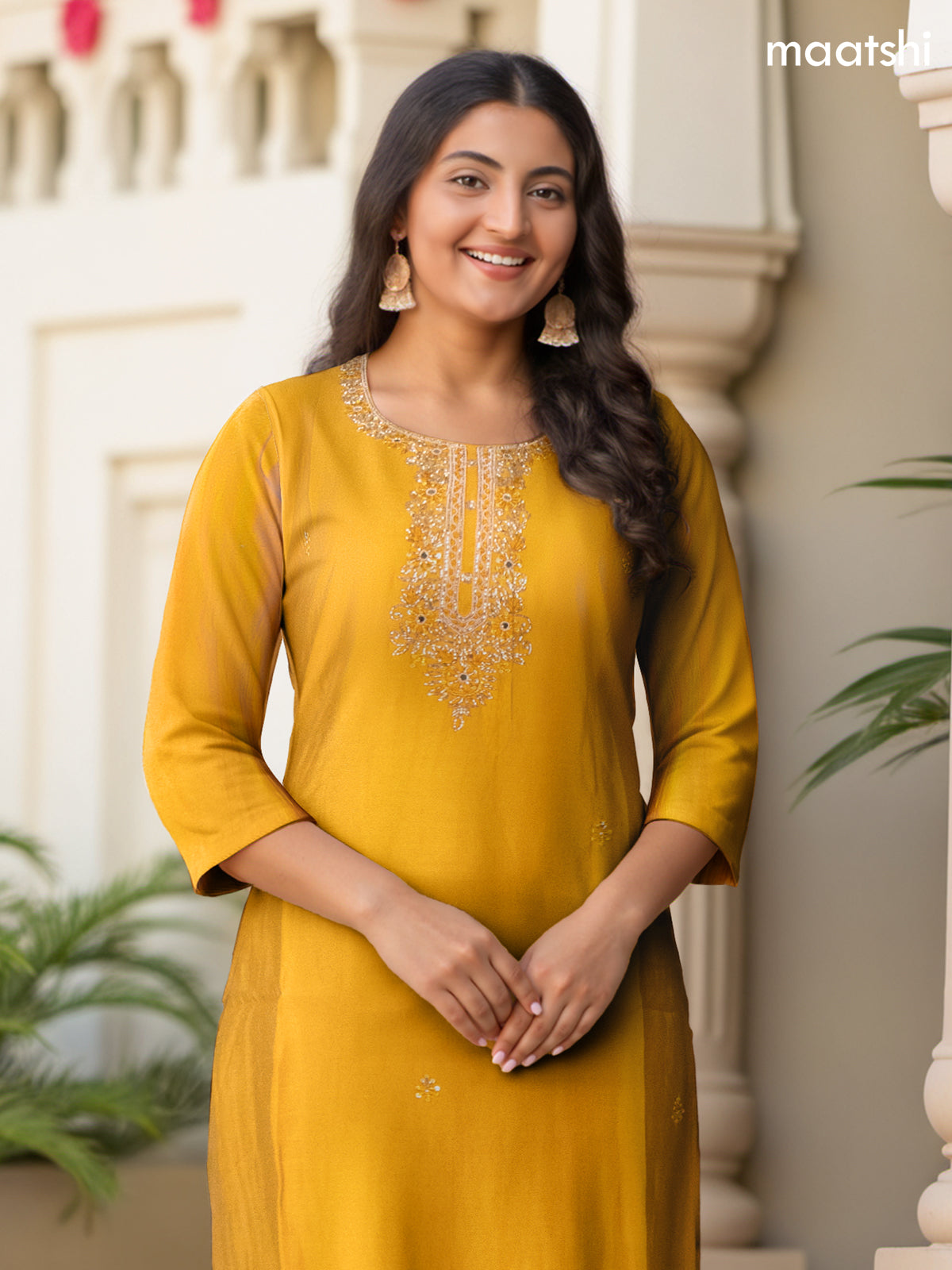 Festive wear salwar suit mustard yellow with zardosi work neck pattern and straight cut pant & organza dupatta