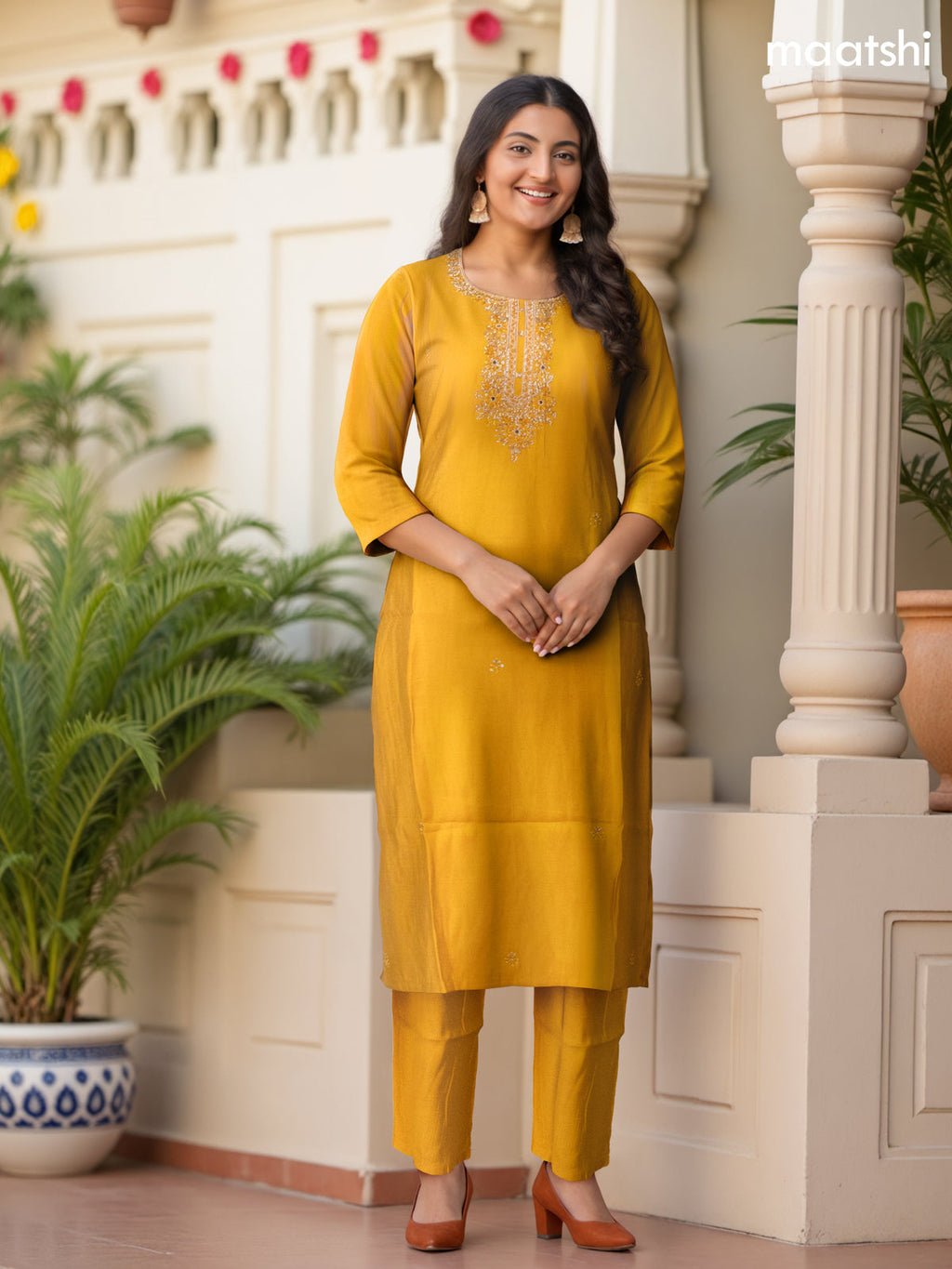 Festive wear salwar suit mustard yellow with zardosi work neck pattern and straight cut pant & organza dupatta